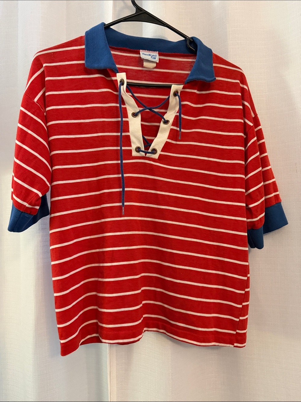 Vintage Bedford Fair Red and Blue Striped Lace-Up Polo